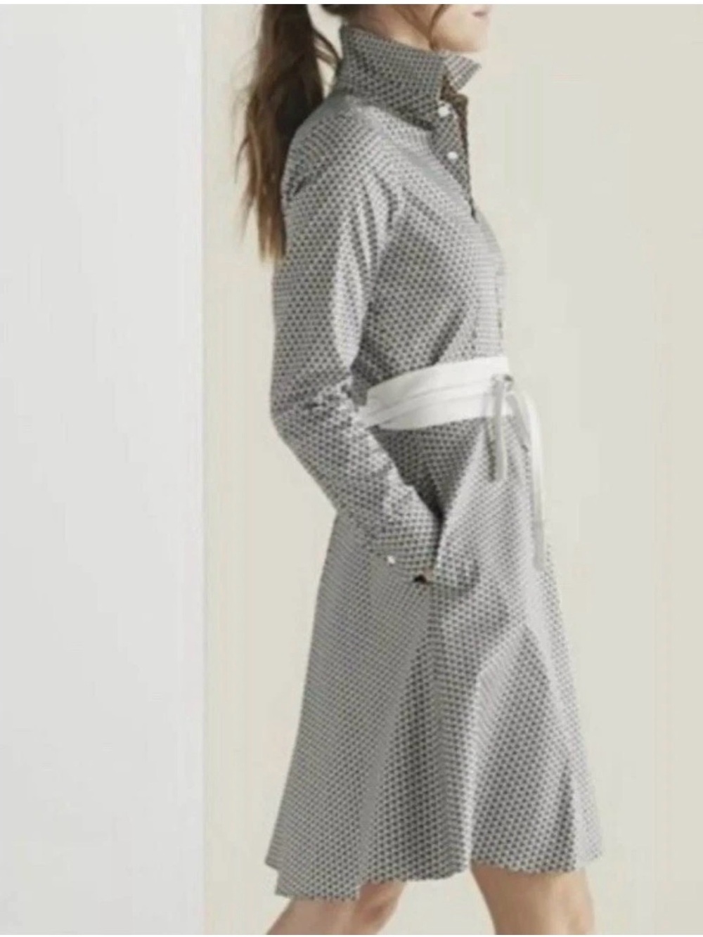 Serena & Lily Grey Printed Long-Sleeve Shirt Dress with Waist Tie